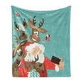thumbnail image 1 of Santa Soft Flannel Fleece Throw Blanket, Father Xmas with Funny Face and Silly Reindeer Buddies Taking a Selfie Having Fun, Cozy Plush for Indoor and Outdoor Use, 70" x 90", Multicolor, by Ambesonne, 1 of 6
