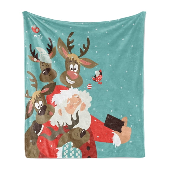 Santa Soft Flannel Fleece Throw Blanket, Father Xmas with Funny Face and Silly Reindeer Buddies Taking a Selfie Having Fun, Cozy Plush for Indoor and Outdoor Use, 70" x 90", Multicolor, by Ambesonne