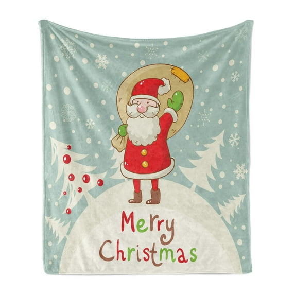 Santa Soft Flannel Fleece Throw Blanket, Merry Christmas Theme Santa with a Sack of Presents on Forest and Snowflakes, Cozy Plush for Indoor and Outdoor Use, 50" x 60", Multicolor, by Ambesonne