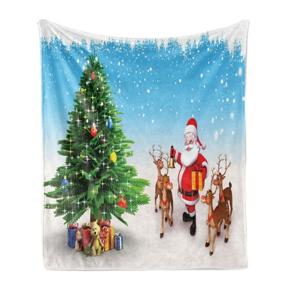 Santa Soft Flannel Fleece Throw Blanket, Reindeer with Jingle Bells Gather Around Father Christmas Tree with Presents, Cozy Plush for Indoor and Outdoor Use, 70" x 90", Multicolor, by Ambesonne
