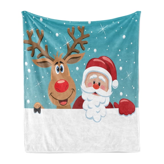 Santa Soft Flannel Fleece Throw Blanket, Rudolph Deer and Santa Claus Greeting the New Year Happily in Cartoon Style, Cozy Plush for Indoor and Outdoor Use, 50" x 70", Multicolor, by Ambesonne