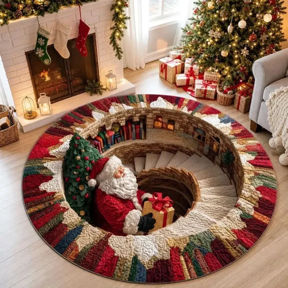 Santa Spiral Staircase 3D Round Rug Christmas Vortex Optical Illusion Non Slip Xmas Home Decor Christmas Gift for Family