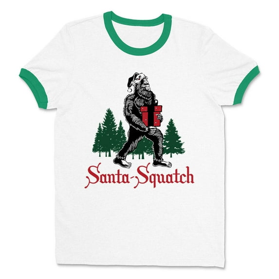 Santa-Squatch Ringer Tee Shirt Unisex Medium White/Kelly Green