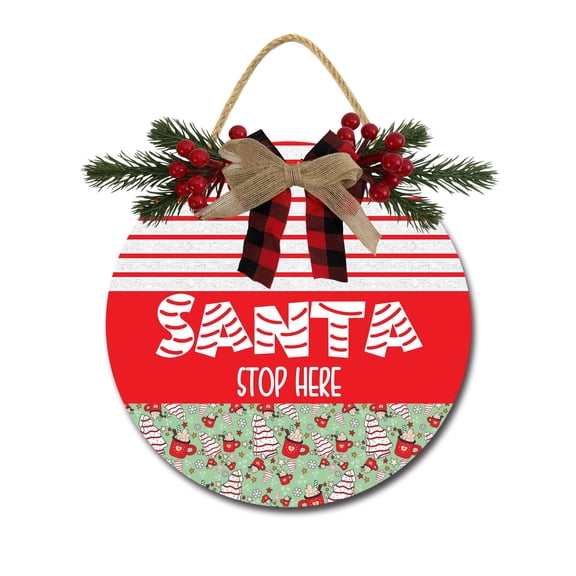 Santa Stop Here Door Hanging Sign 11 inch Wooden Wall Sign, Rustic Holiday Wreath Decor for Front Door Porch Home Window Wall Farmhouse Decorations