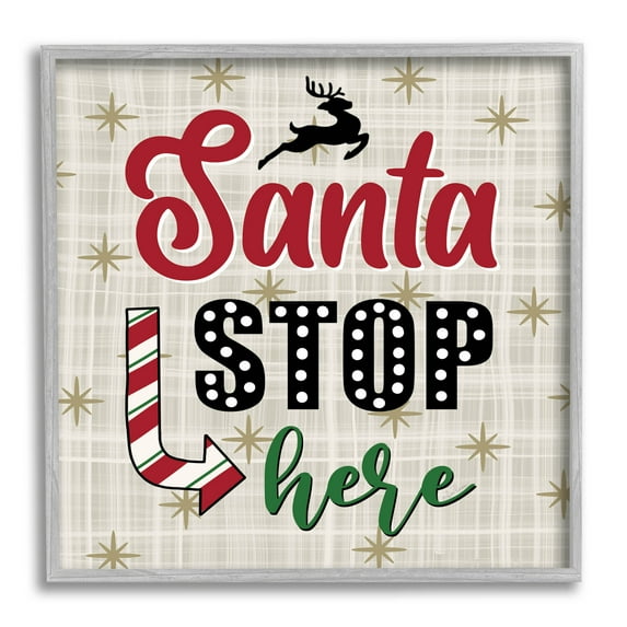 Santa Stop Here Retro Holiday Holiday Graphic Art Gray Framed Art Print Wall Art