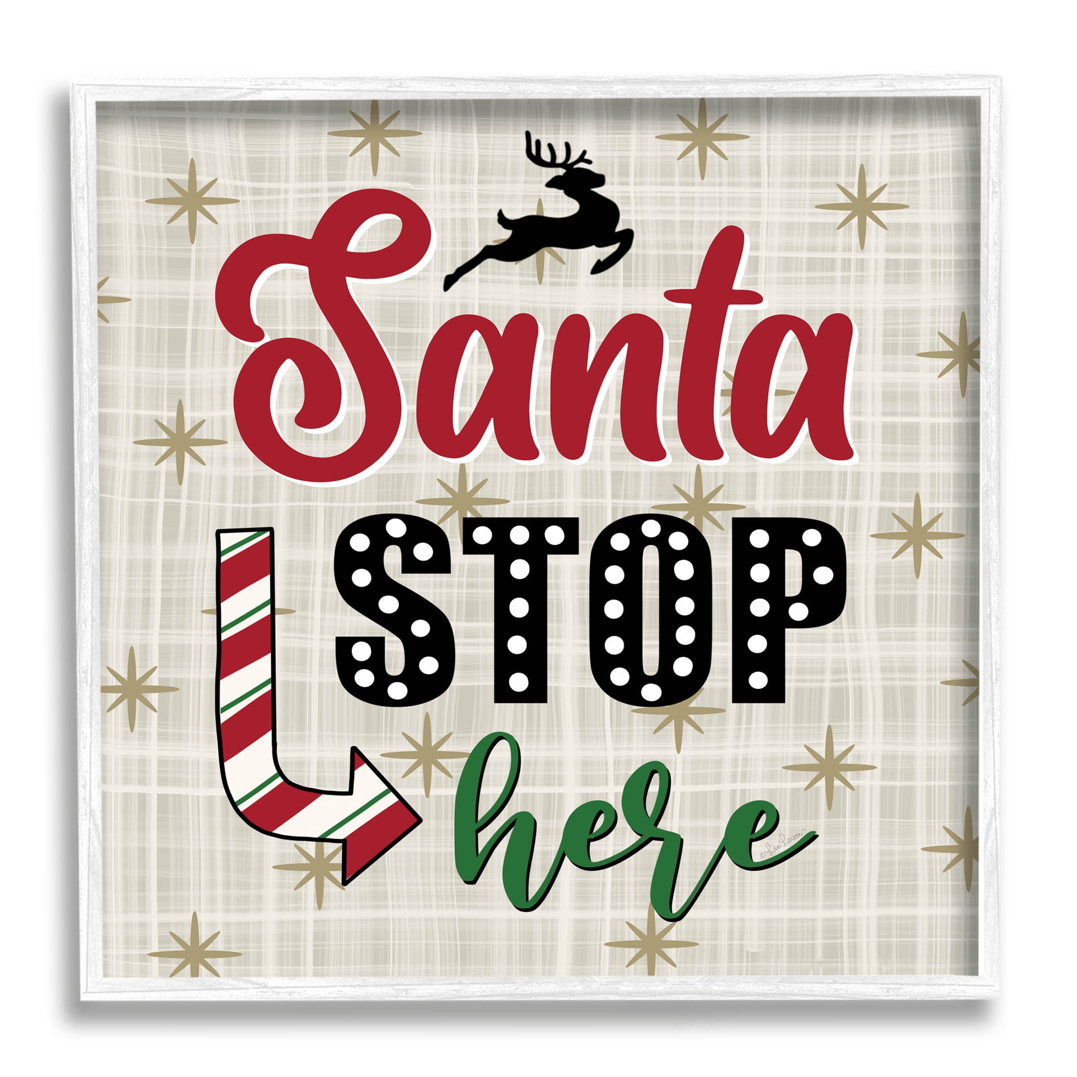 Santa Stop Here Retro Holiday Holiday Graphic Art White Framed Art Print Wall Art