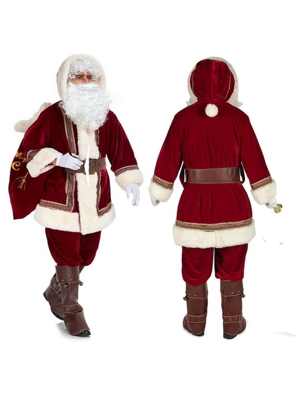 Santa Suit Adults Men Santa Claus Costume 10Pcs Deluxe Professional Velvet Adult Christmas Outfit Holiday Cosplay Set -L
