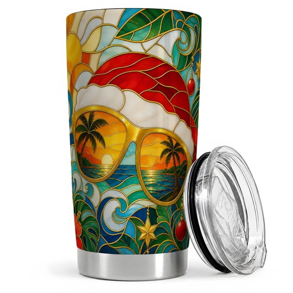 Santa Sunglasses Beach 20oz Tumbler, Christmas Sunglasses Tumbler, Holiday Drinkware for Travel, Stained Glass Sunset Art, Tropical Palm Ocean Decor, Coastal Men Women Summer Lovers