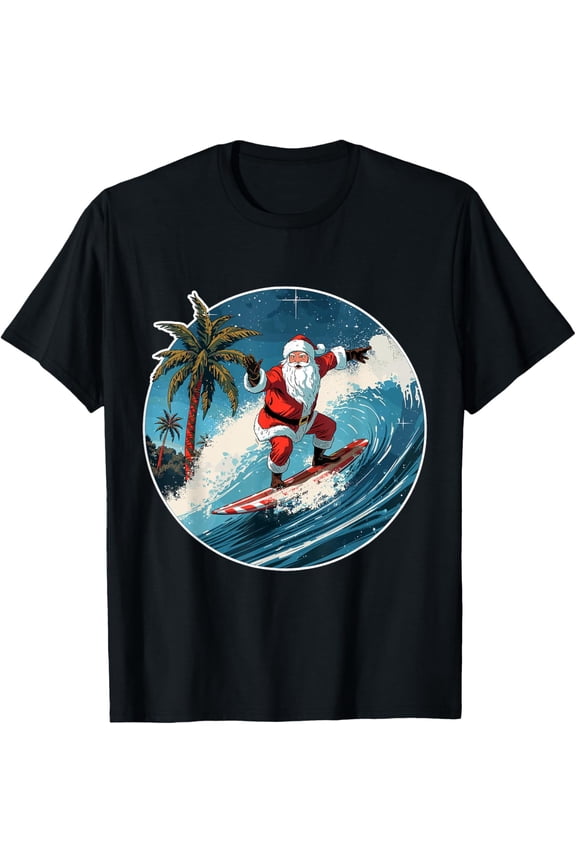 Santa Surf Beach Tropical Wave Board Christmas in July T-Shirt