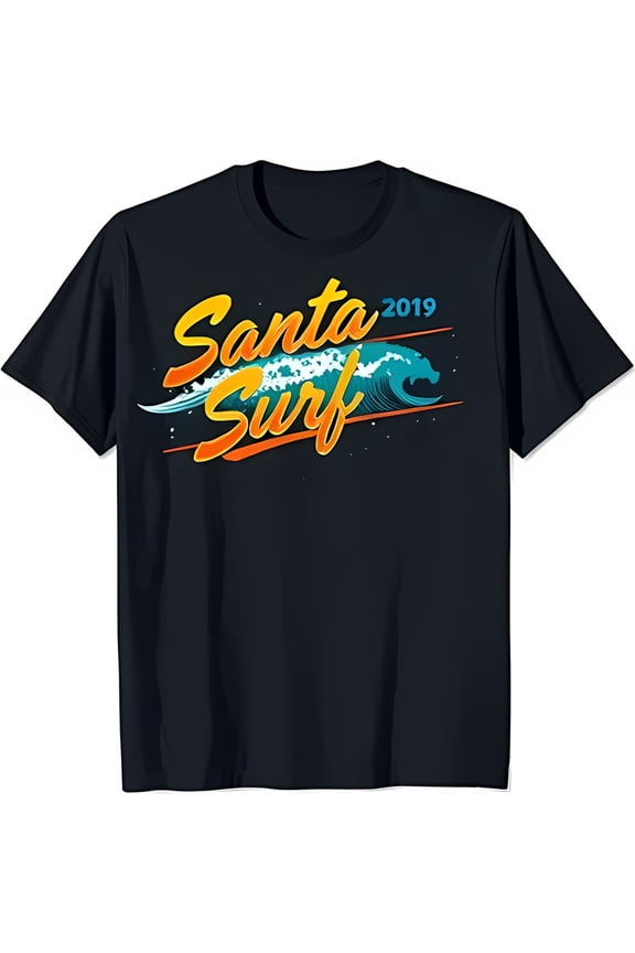 Santa Surf Vintage Beach Graphic Black T-Shirt with Colorful Wave Design