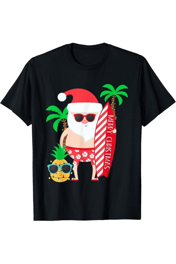 Santa Surfing Hawaiian Beach Christmas In July Tropical Adult T-Shirt