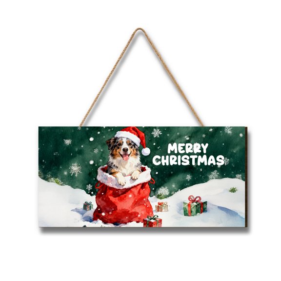 Santa Surprise Gift Australian Shepherd Merry Cheerful Christmas Landscape Wood Sign Aussie Dog Lover Gifts Hanging Wall Home Decor - 12021