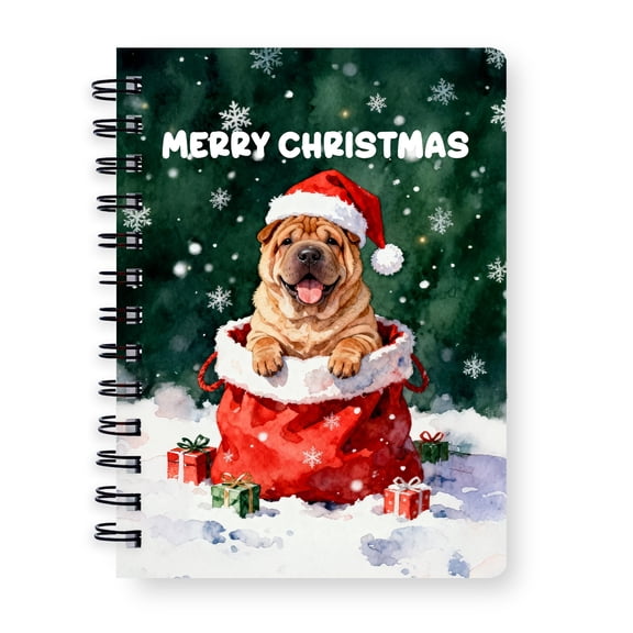 Santa Surprise Gift Chinese Shar-Pei Merry Cheerful Christmas Spiral Bound Journal Dog Lover 5x7in Spiral Notebook - 12021