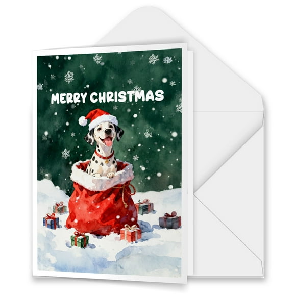 Santa Surprise Gift Dalmatian Merry Cheerful Christmas 5x7in Folded Greeting Card Dog Lover Single Note Card with Envelope - 12021
