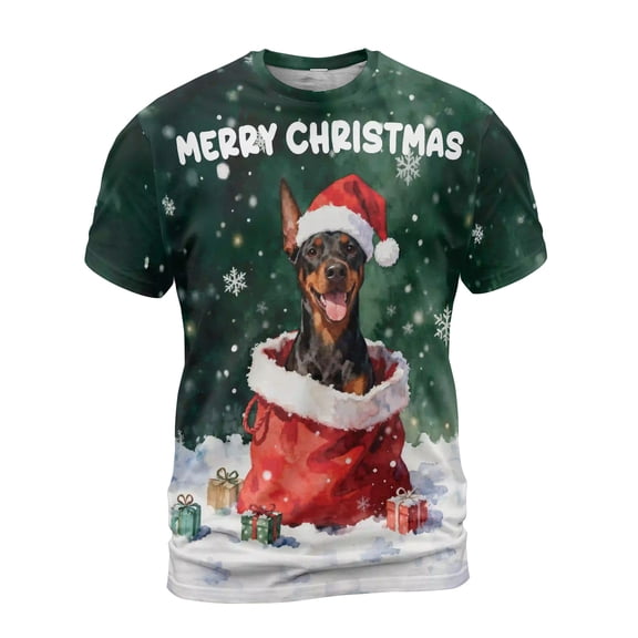 Santa Surprise Gift Doberman Pinscher Merry Cheerful Christmas All Over Print 3D Shirt Unisex Merch Doberman Dog Lover Gifts - 12021