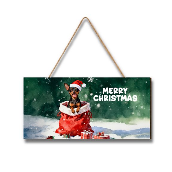 Santa Surprise Gift Miniature Pinscher Merry Cheerful Christmas Landscape Wood Sign Mini Pin Dog Lover Hanging Wall Home Decor - 12021