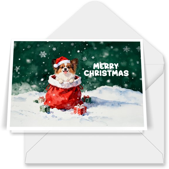 Santa Surprise Gift Papillon Merry Cheerful Christmas 7x5in Folded Greeting Card Pap Butterfly Dog Lover Single Note Card with Envelope - 12021