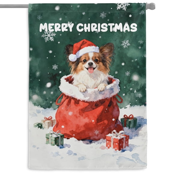 Santa Surprise Gift Papillon Merry Cheerful Christmas House Flag 28x40in Double Sided Pap Butterfly Dog Lover Outdoor Decor - 12021
