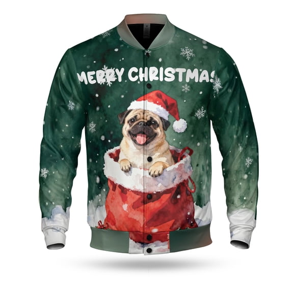 Santa Surprise Gift Pug Merry Cheerful Christmas All Over Print 3D Baseball Jacket Dog Lover Gifts Bomber Jacket Softball - 12021