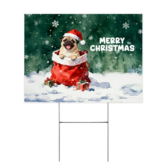 Santa Surprise Gift Pug Merry Cheerful Christmas Yard Sign Dog Lover Gifts Outdoor Home Lawn Garden Porch Decor - 12021