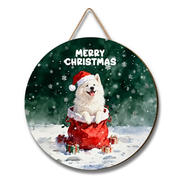 Santa Surprise Gift Samoyed Merry Cheerful Christmas Round Wood Sign Siberian Sammy Dog Lover Hanging Wall Home Decor - 12021