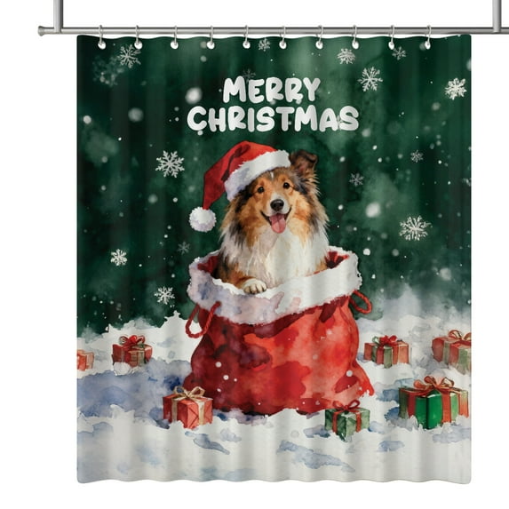 Santa Surprise Gift Shetland Sheepdog Merry Cheerful Christmas Shower Curtain Sheltie Dog Lover Gifts Waterproof Bathroom Bathtub Curtain - 12021