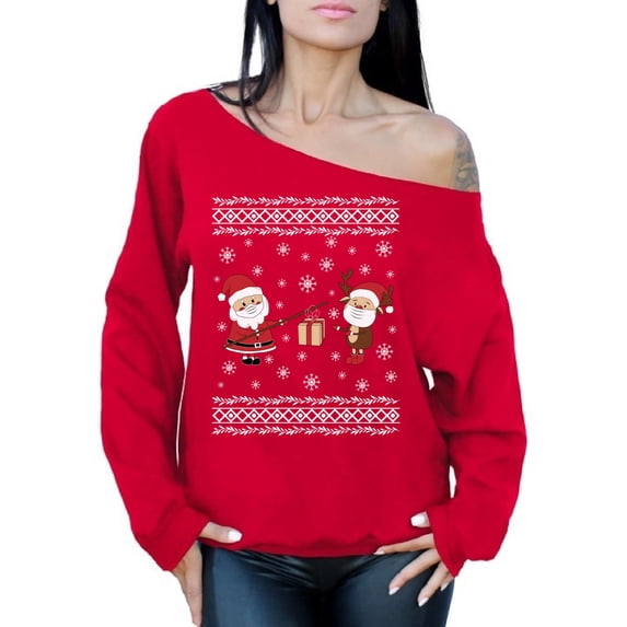 Santa Sweater for Women Christmas Sweatshirt for Ladies Merry Christmas Sweater Funny Santa's Reindeer Sweater Santa's Gifts Deer Top Xmas Gifts Happy Holidays Off Shoulder Sweater Xmas 2020 Outfit