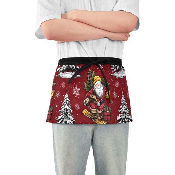 Santa Take Sleigh Through Christmas Tree Forest Short Server Apron with 3 Pockets for Unisex Chef Gardening