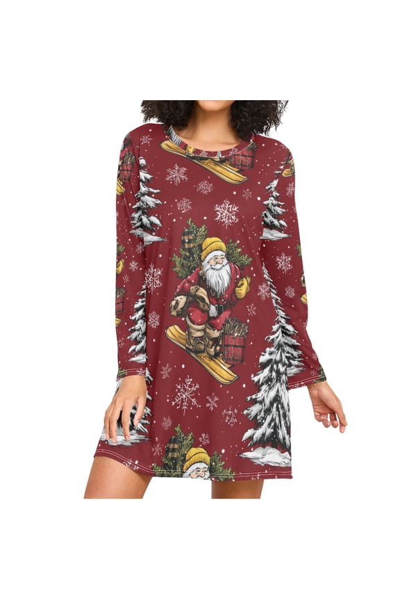 Santa Take Sleigh Through Christmas Tree Forest Women's Long Sleeves Nightgowns Sleepwear Soft Pajama A-line Sleep Dress XXL