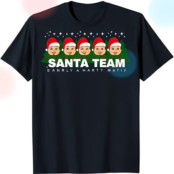 Santa Team Graphic T-Shirt Dark Blue with White Santa Faces & Red Hats
