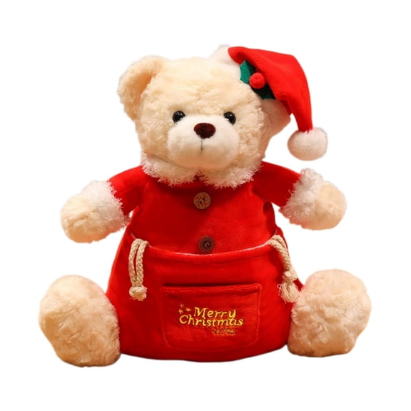 Santa Teddy Bear Plush, Christmas Stuffed Bear with Drawstring Storage Bag, Soft Holiday Plush Toy, Christmas Tabletop Shelf Home Decor Keepsake Decoration