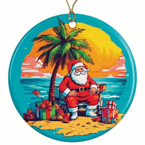 Santa on The Beach with Presents Christmas Ornament - Festive Holiday Decor - 2.8" Round - Gold String Included - UV Printed Design - Choose from Over 140 Designs - BMCO0389