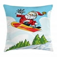thumbnail image 1 of Santa Throw Pillow Cushion Cover, Cartoon Style Santa Doing a Jump on Snowboard Snow Covered Mountains and Pine Trees, Decorative Square Accent Pillow Case, 20 X 20 Inches, Multicolor, by Ambesonne, 1 of 2
