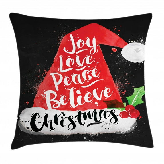 Santa Throw Pillow Cushion Cover, Xmas Hat with Lettering Joy Love Peace Believe Watercolor Drawing Style Vintage, Decorative Square Accent Pillow Case, 16 X 16 Inches, Black Red White, by Ambesonne