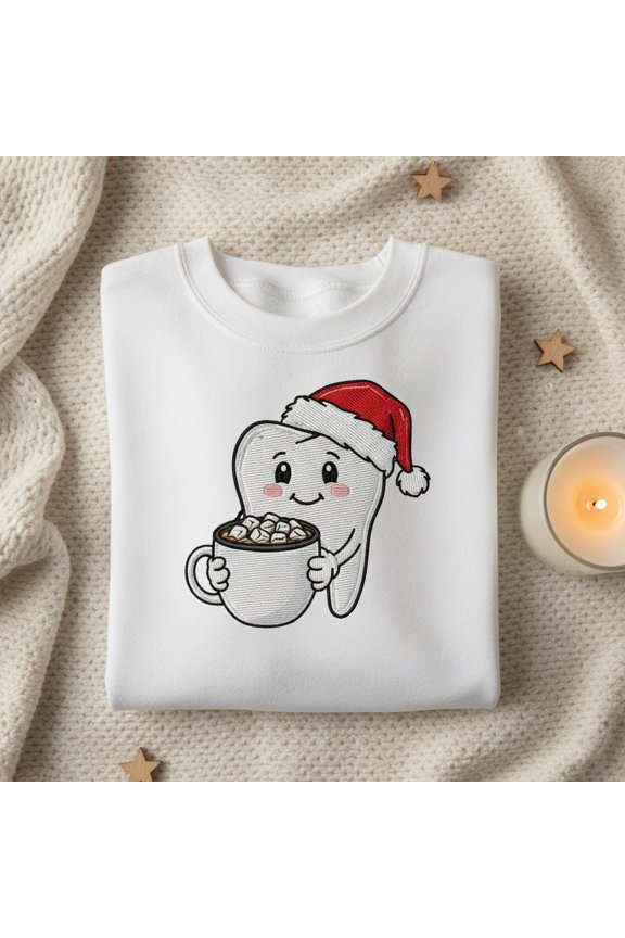 Santa Tooth Hot Cocoa Embroidered Sweatshirt, Dental Christmas Gift, Cute Hygienist Sweater, Holiday Dental Office Jumper