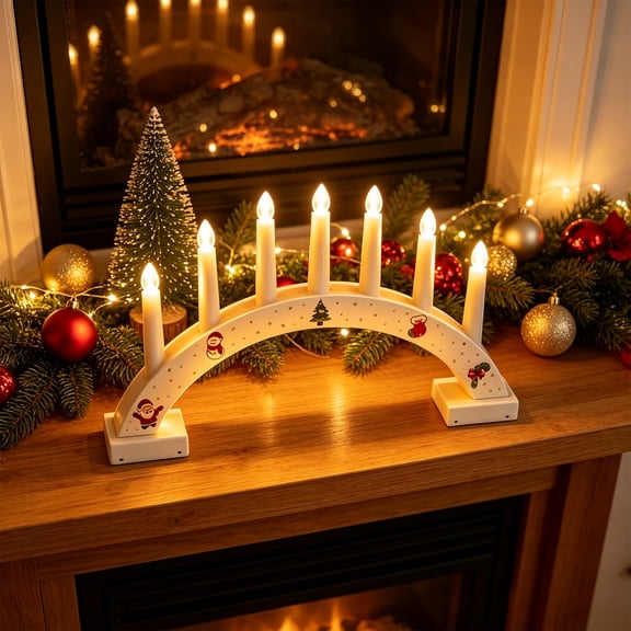 Santa & Tree Christmas Candle Bridge Light, 9 Warm LED Flameless Taper Candles on Arched Window Candelabra for Mantel, Shelf, Windowsill and Christmas Decor, 15.35 Inch