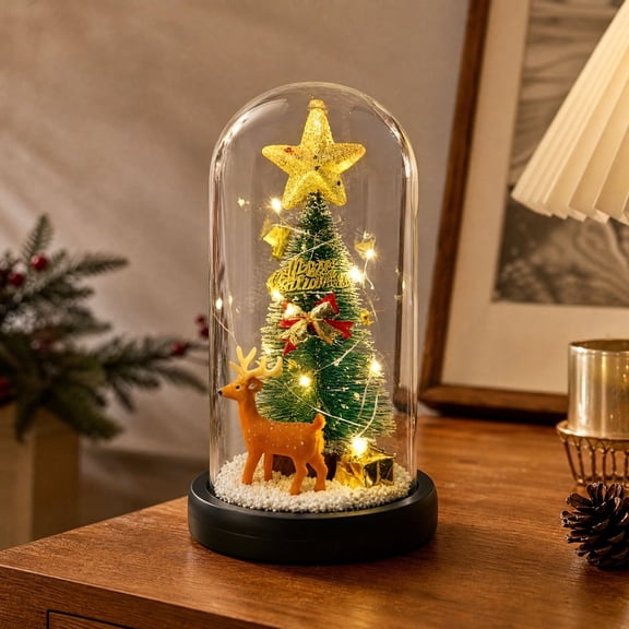 Santa Tree Scene Lighted Christmas Tree Glass Dome Music Box, Musical Tabletop Holiday Decoration for Mantel, Shelf and Christmas Gift