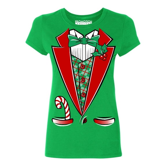 Santa Tuxedo Costume Funny Christmas Party Women's T-shirt, M, Green