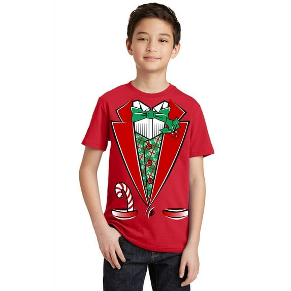 Santa Tuxedo Costume Funny Christmas Party Youth T-shirt, Youth XL, Red