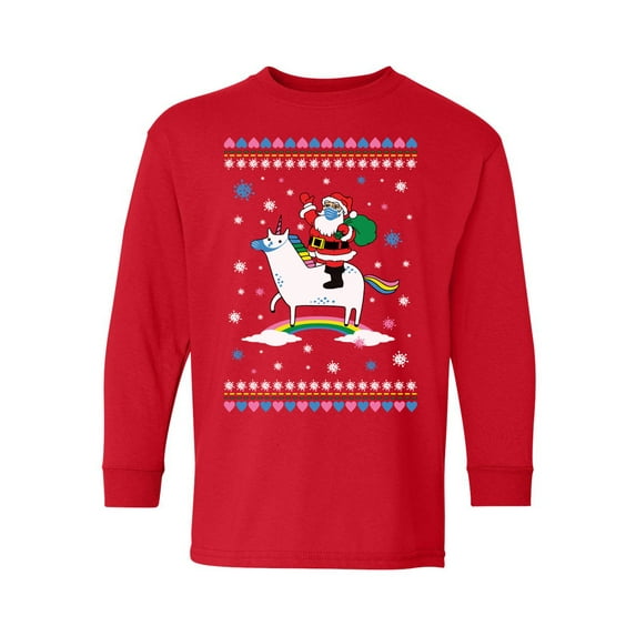 Santa and Unicorn Kids Long Sleeve Shirt Merry Christmas Youth T-Shirt Funny Santa in Mask Happy Holidays Xmas Top for Boys Girls Christmas Shirt