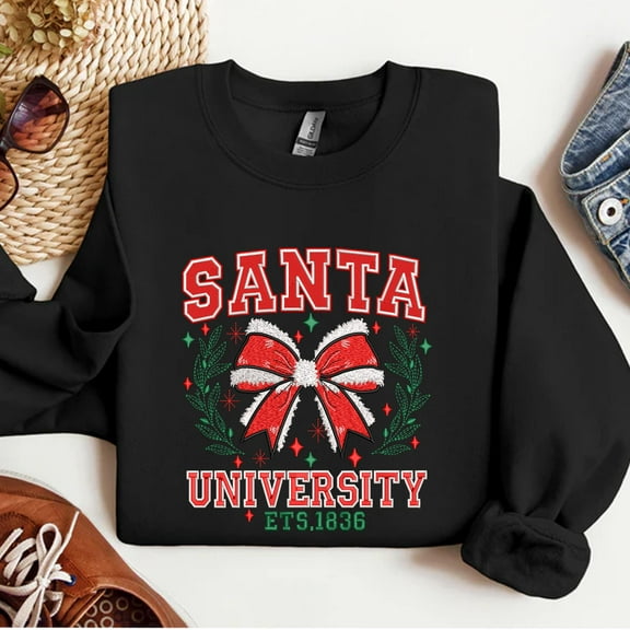 Santa University Bow Embroidered Sweatshirt, Merry Christmas Embroidered Shirt, Winter Season Hoodie, Christmas Santa Shirt