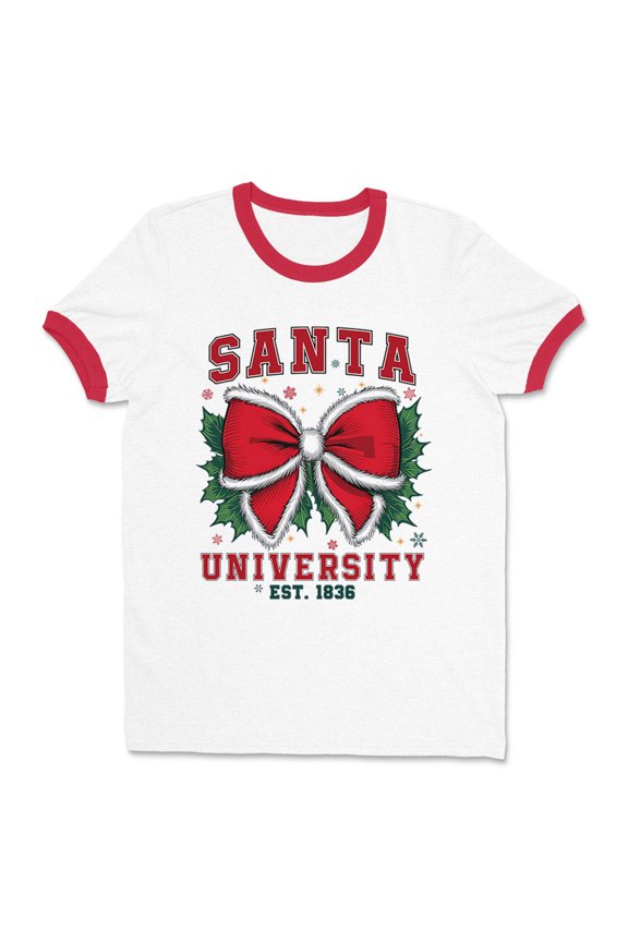 Santa University Ringer Tee Shirt Unisex Medium White/Red