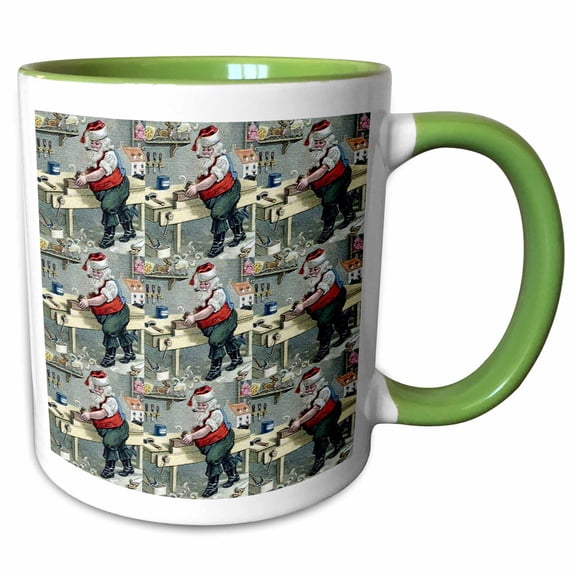 3drose, Santa Using Table Saw Making Special Toy in His Workshop Tile Pattern, 15oz Two-tone Green Mug