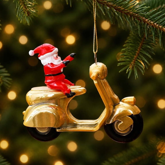 Santa Vehicle Christmas Ornament, Santa Riding Golden Scooter Hanging Decoration for Christmas Tree, Mantel, Wreath, Window and Holiday Party Display, 4.92 Inch