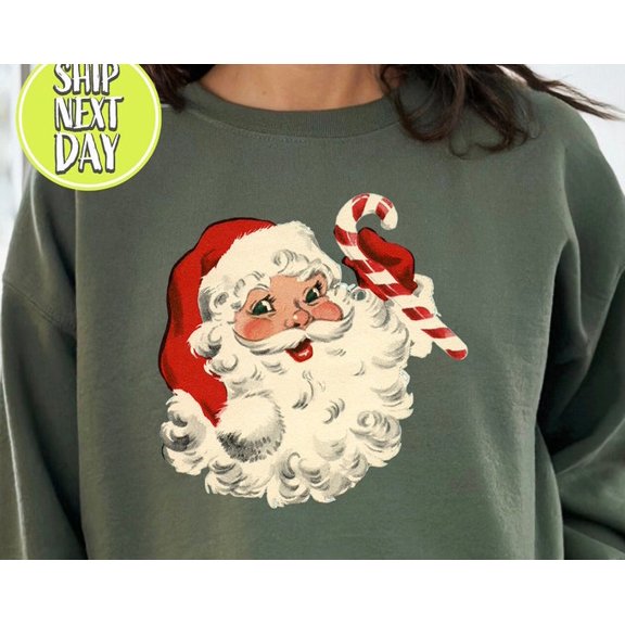 Santa W/ Candy Cane, Vintage Santa Sweatshirt, Retro Santa Claus Hoodie, Women, Sweater -Cc10, Sweatshirt Size S-5Xl