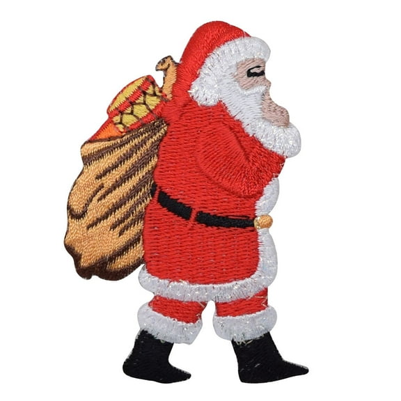 Santa - Walking Right - Brown Gift Bag - Iron on Applique/Embroidered Patch