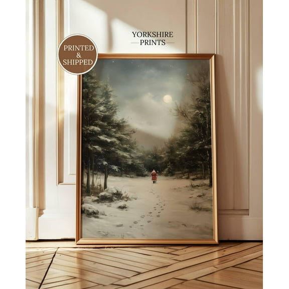 Santa Walking in Snowy Forest Fine Art Poster, Vintage Winter Holiday Decor, Winter Landscape Print Poster, Size 24x36 UNFFRAMED F03.1.6l1008