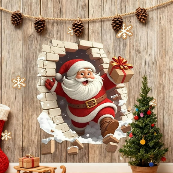 Santa Wall Decal,Santa Claus Wall Stickers - Christmas Santa Breaking Brick,Fun Holiday Wall Decal,Sturdy Design with Easy Application,for Home,Party,Living Room,and Bedroom Use,1PCS
