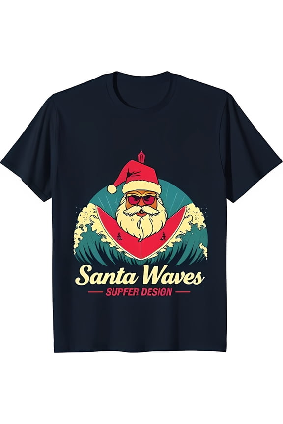 Santa Waves Surfing T-Shirt Funny Santa Claus Surfer Graphic Tee