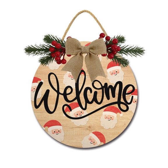 Santa Welcome Front Door Sign Funny Wreaths Hanging Wooden Plaque Decoration Round Rustic Wood Farmhouse Porch Decor for Home Front Door Decor, 11 x 11 Inch
